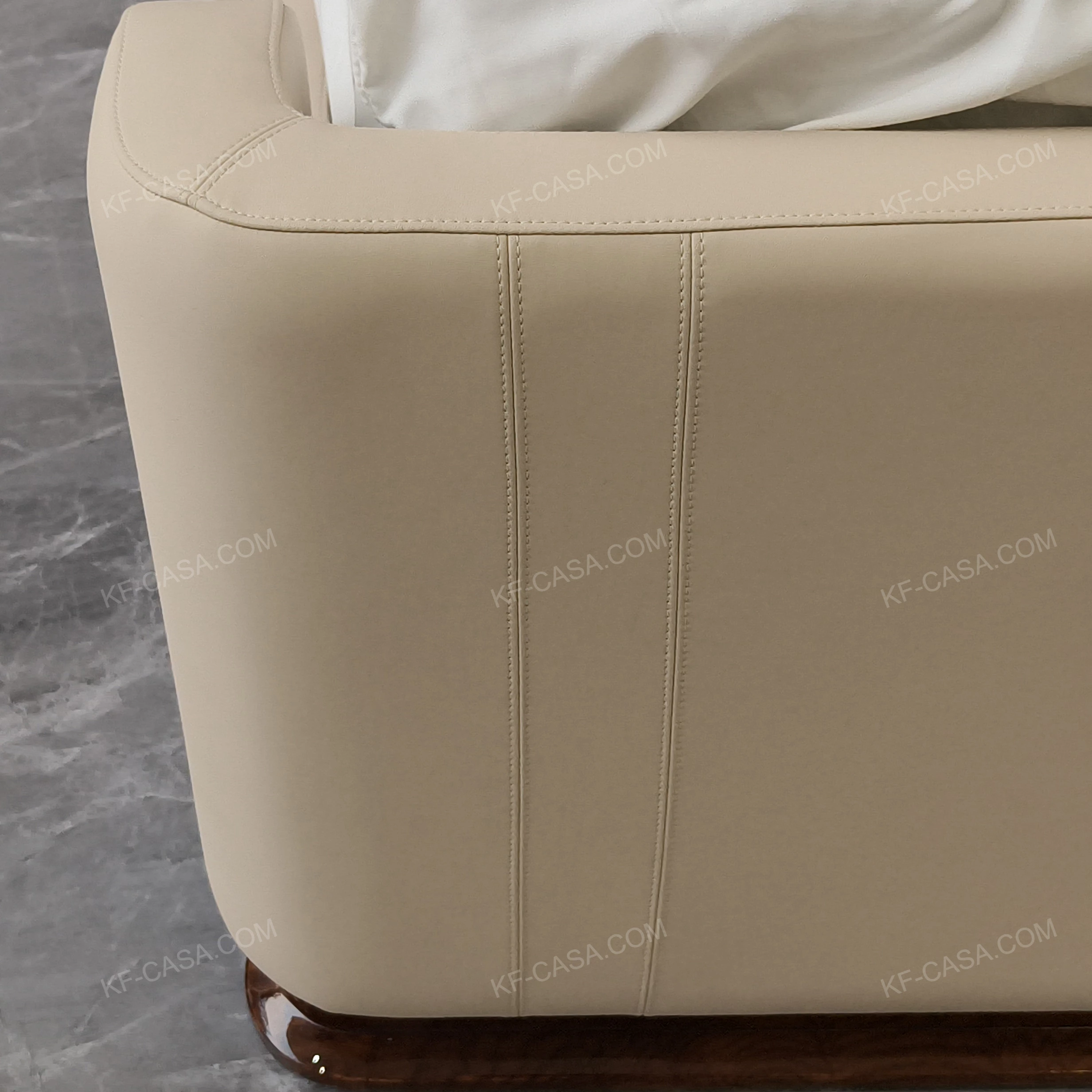 Natural Wood Headboard Upholstered Bed with Burgundy Leather Panel, Polished Marble Side Accents & Stainless Steel Hardware